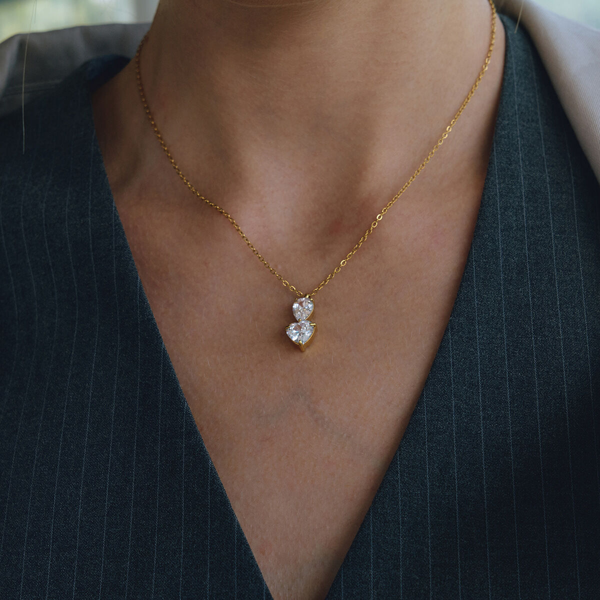 Refined Detailing Droplet&Heart Zircon Stainless Steel Waterproof Gold Color Women's Pendant Necklaces 2