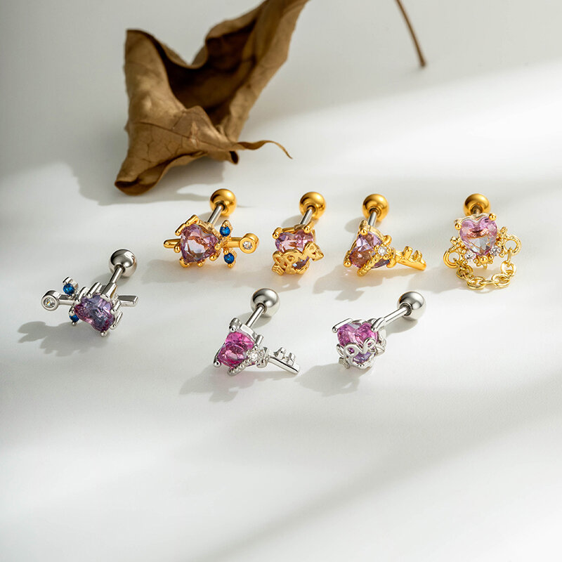 Pink Zircon Heart Copper Gold Color Women's Piercing Earrings