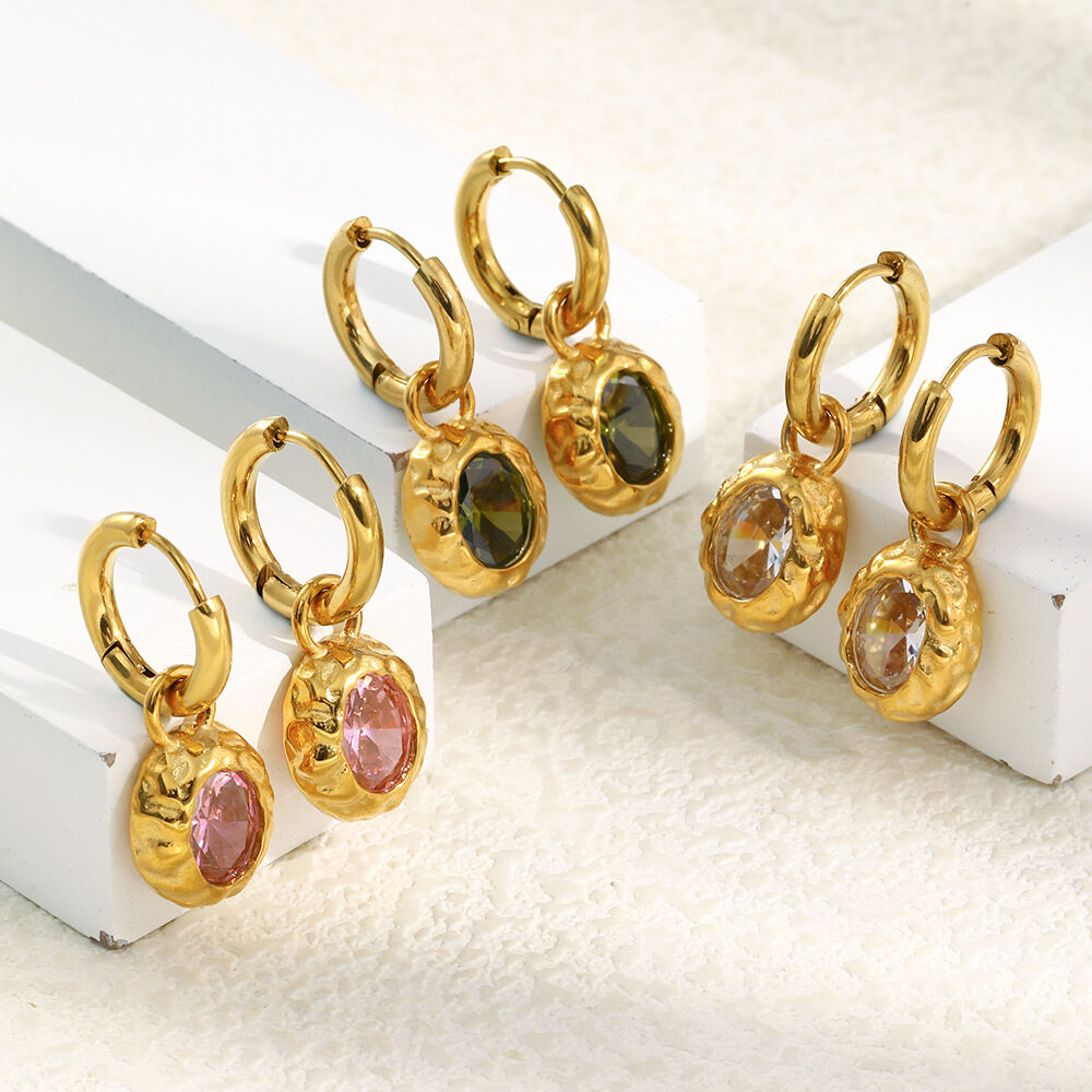 Texture Pattern Stainless Steel Waterproof Zircon Gold Color Drop Earrings