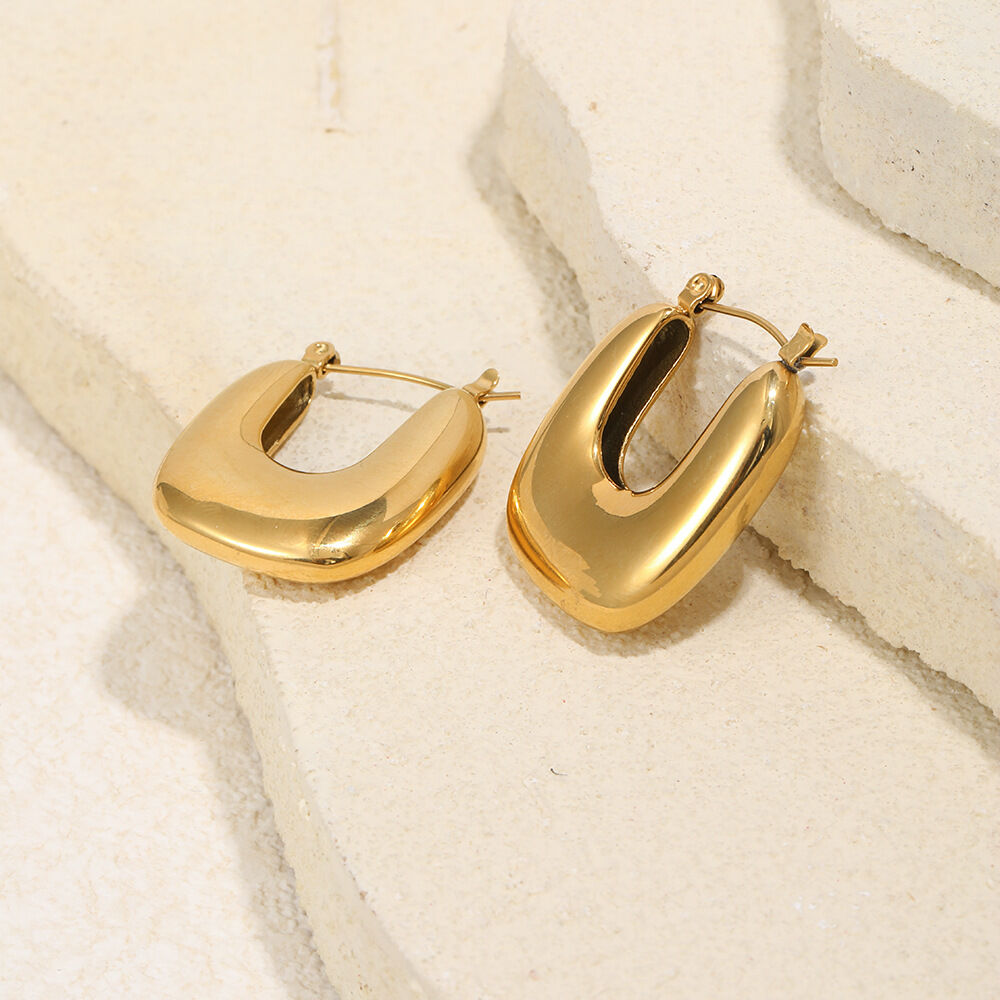 U-Shape Stainless Steel Waterproof Gold Color Hoop Earrings 2