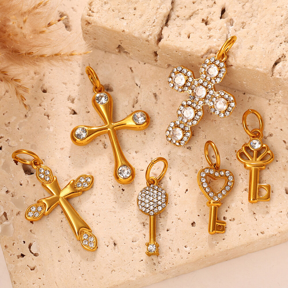 Simple Series Daily Cross Stainless Steel Waterproof   Gold Color  Rhinestone Unisex Pendants Picture3