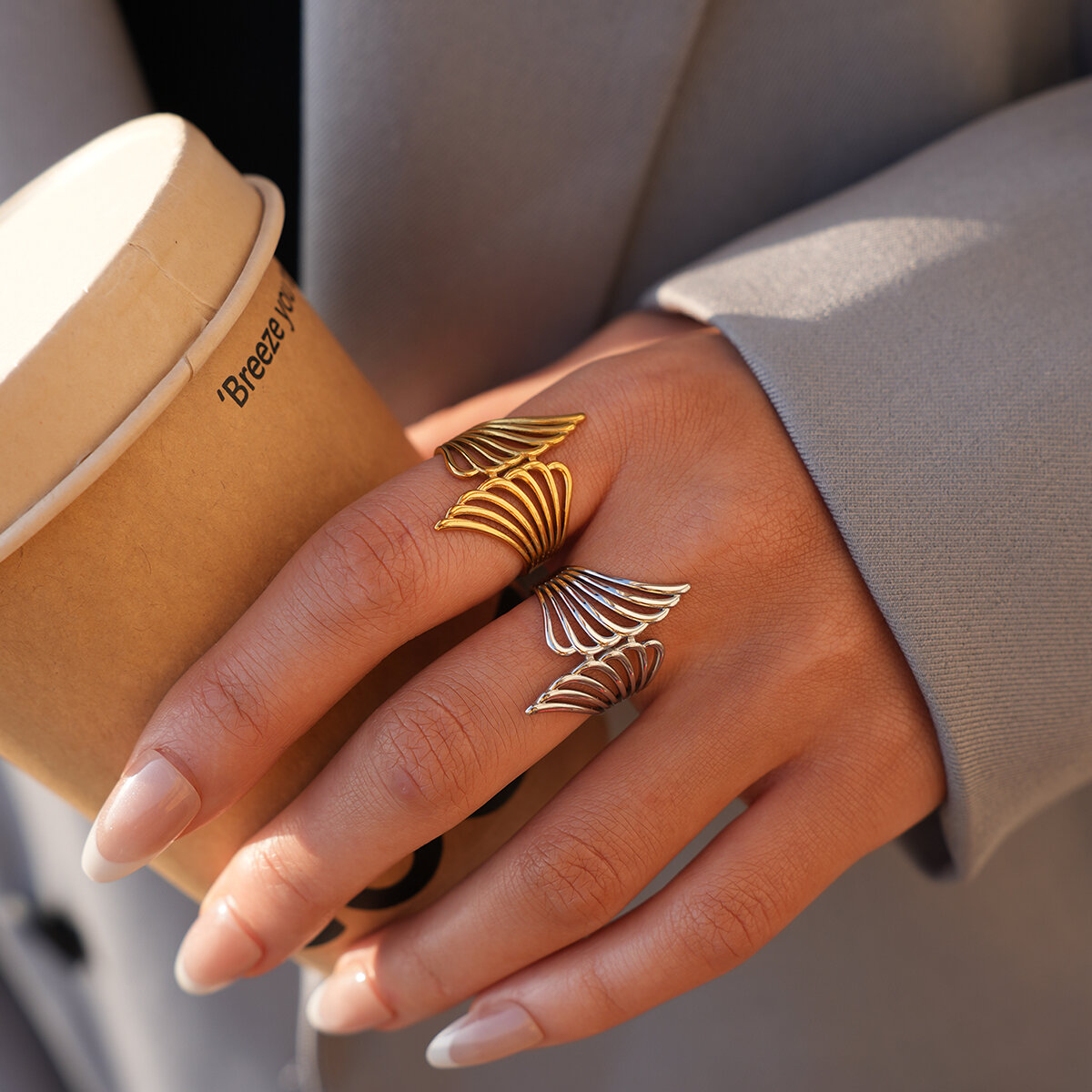 Simple Angel Wings Stainless Steel Waterproof   Gold Color  Statement Rings Picture5