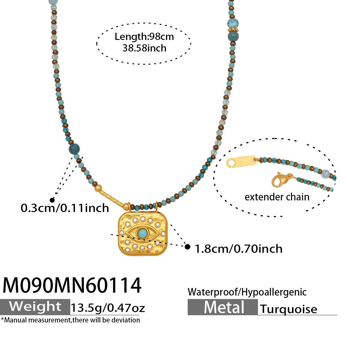 Retro Natural Stone Devil's Eye Beads Stainless Steel Gold Color Waterproof&Anti-tarnish Women's Beaded Necklaces