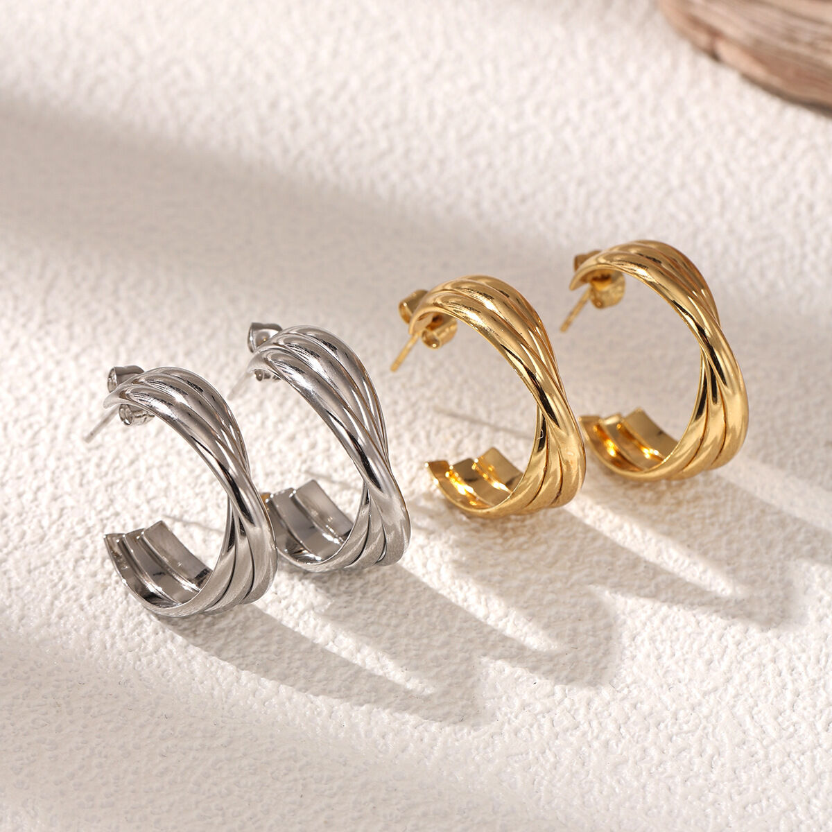 Classic Irregular Shape Twist Stainless Steel Waterproof Gold Color Hoop Earrings