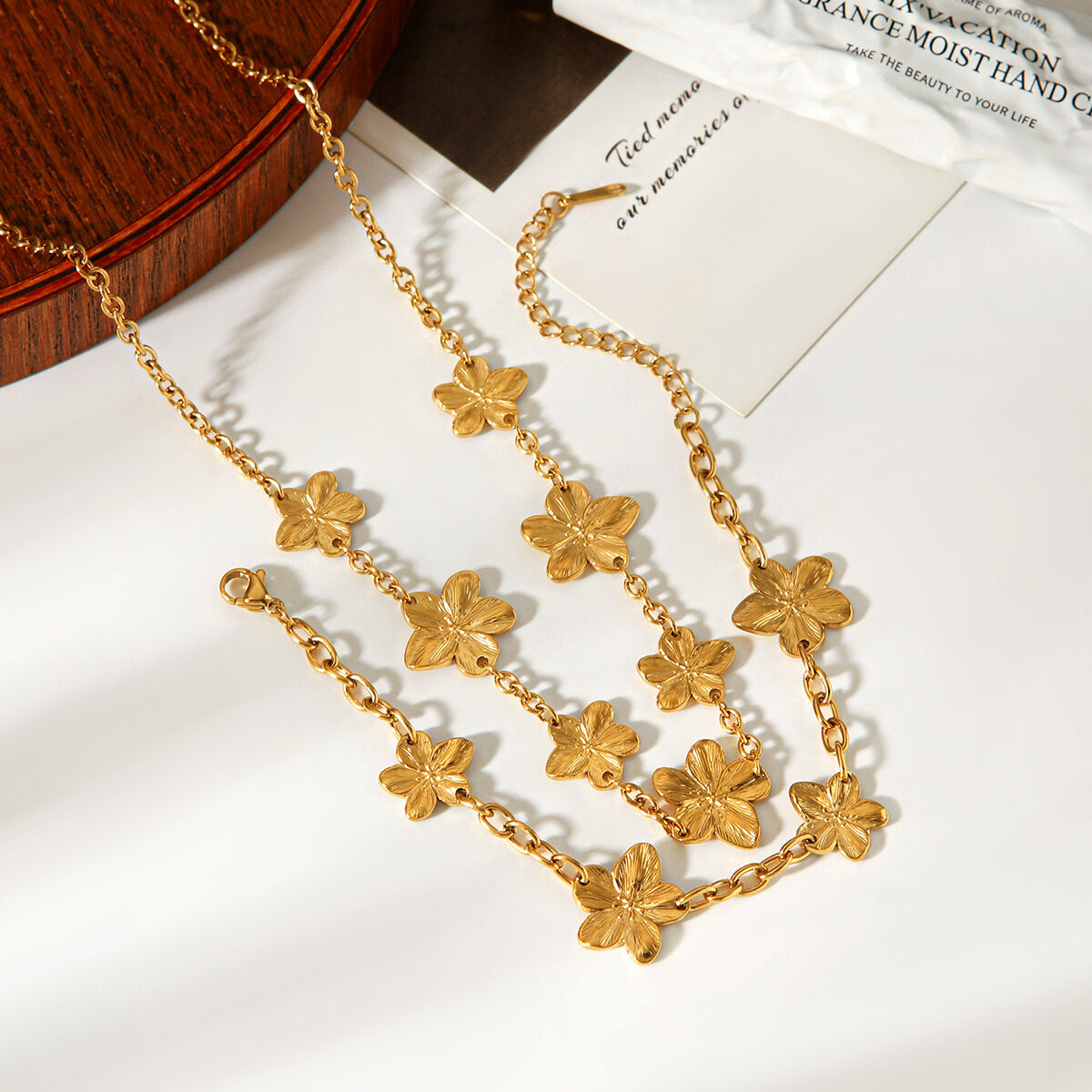 Flower Stainless Steel Waterproof Gold Color Necklace Set h5 Picture5