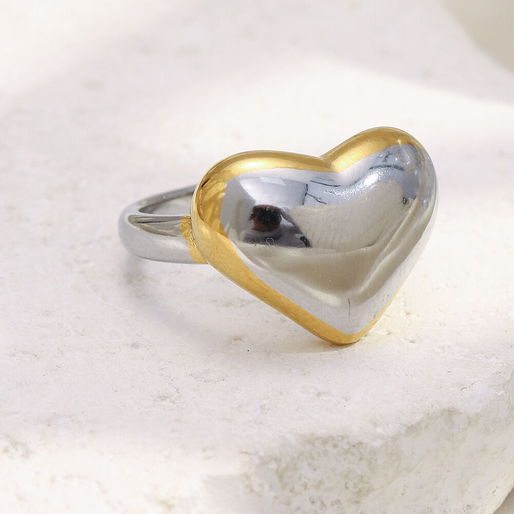 Heart Shape Gold And Silver Color Stainless Steel Waterproof Statement Ring