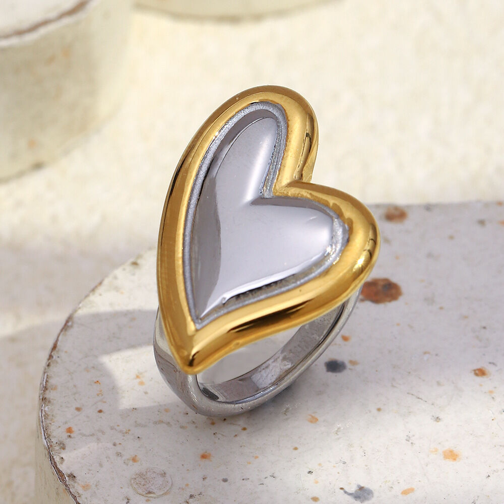 Heart Shape Gold And Silver Color Stainless Steel Waterproof Statement Ring 2