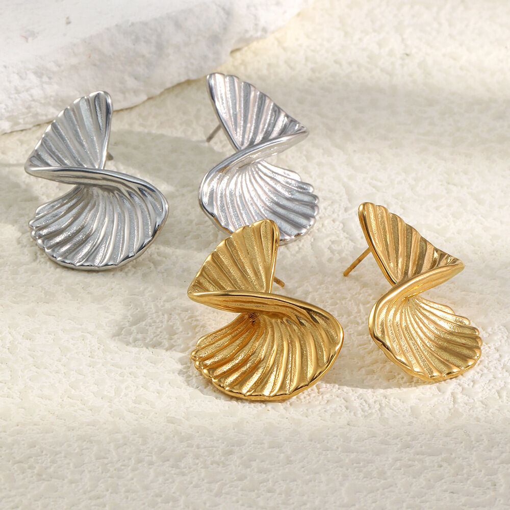 Twisted Fan-shaped Stainless Steel Waterproof Gold Color Stud Earrings