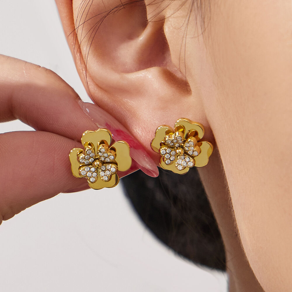 Classic Clover Stainless Steel Gold Color Zircon Waterproof&Anti-tarnish Women's Jewelry Sets h5Picture4