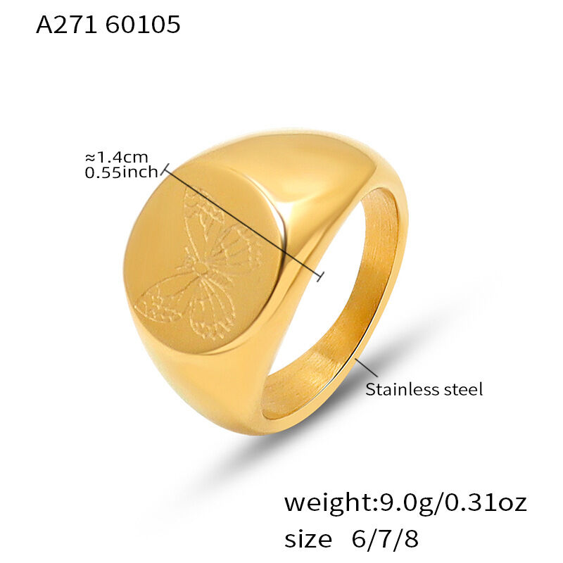 Grooved Flower Butterfly Stainless Steel Waterproof&Anti-tarnish Gold Color Signet Rings h5 