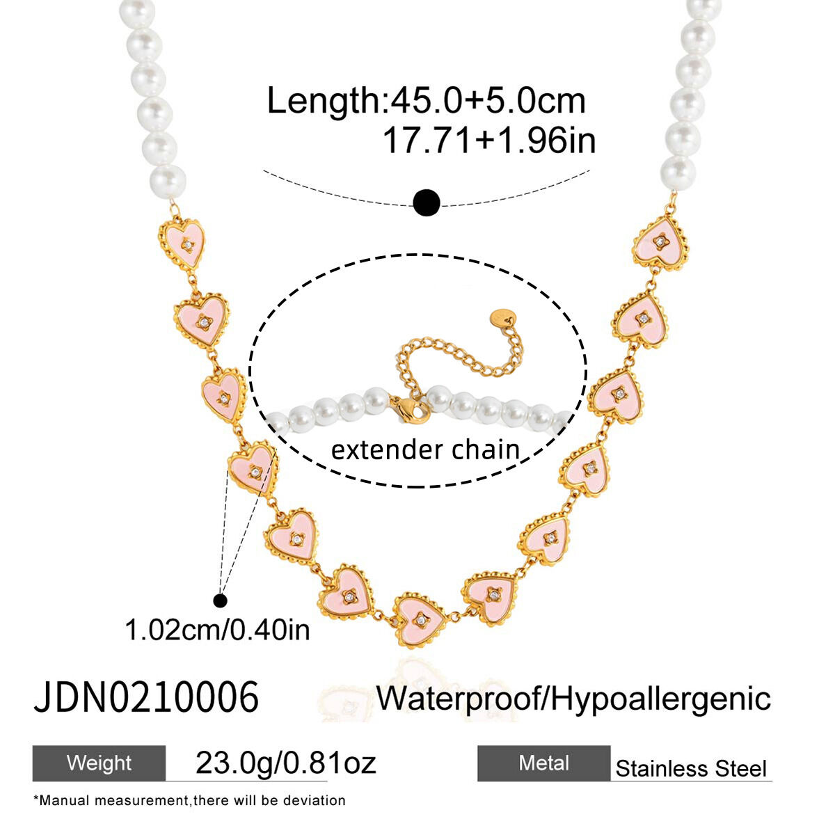 Charmante roze hartvormige kralenketting voor dames, gemaakt van roestvrij staal, waterdicht en aanslagbestendig, in goudkleur. Afbeelding2