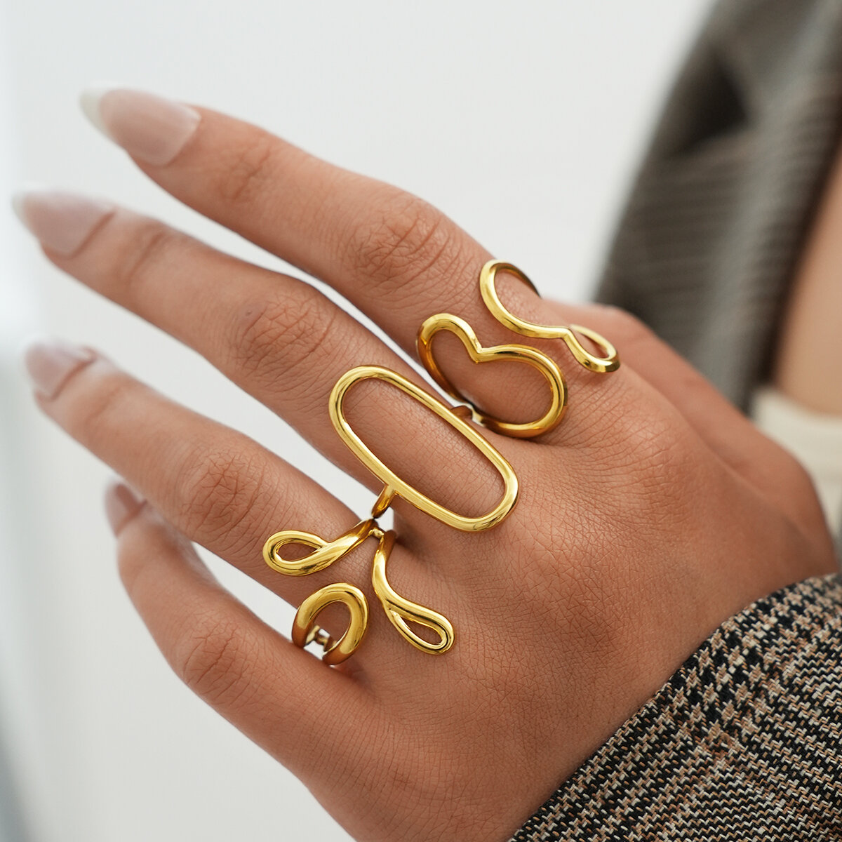 Simple Series Daily Irregular Shape Heart Lines Stainless Steel Waterproof   Gold Color  Ring Sets h5 Picture4