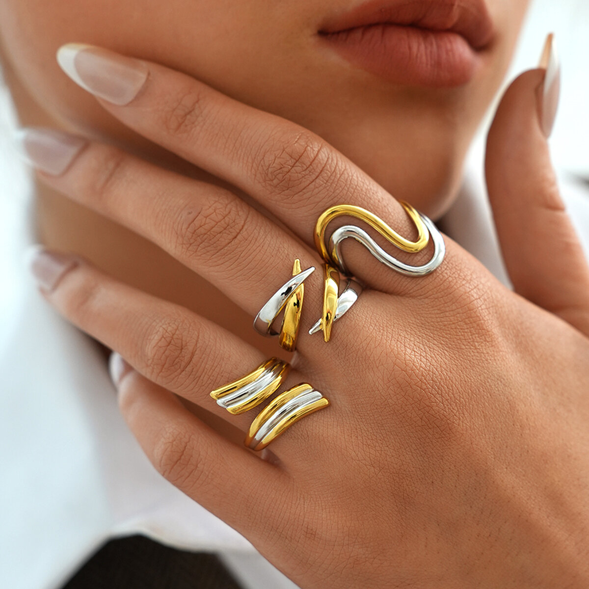Simple Series Daily Irregular Shape Stripe Lines Stainless Steel Waterproof   Gold Color  Ring h5 Picture4