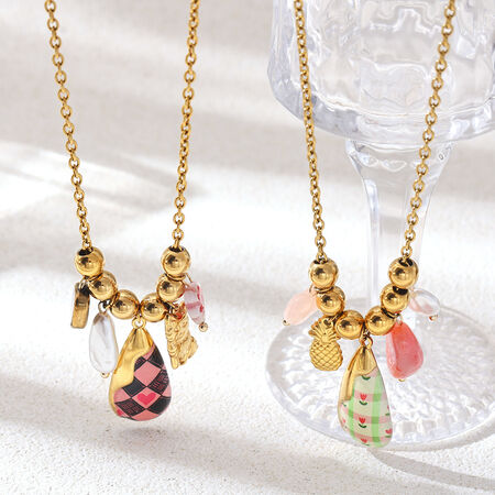 Plaid Pattern Stainless Steel Waterproof Gold Color Pendant Necklace 2