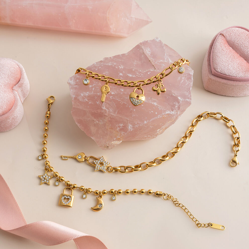 Braccialetti con ciondoli da donna in acciaio inossidabile color oro, impermeabili e anti-ossidazione, con chiave e lucchetto h5Immagine2
