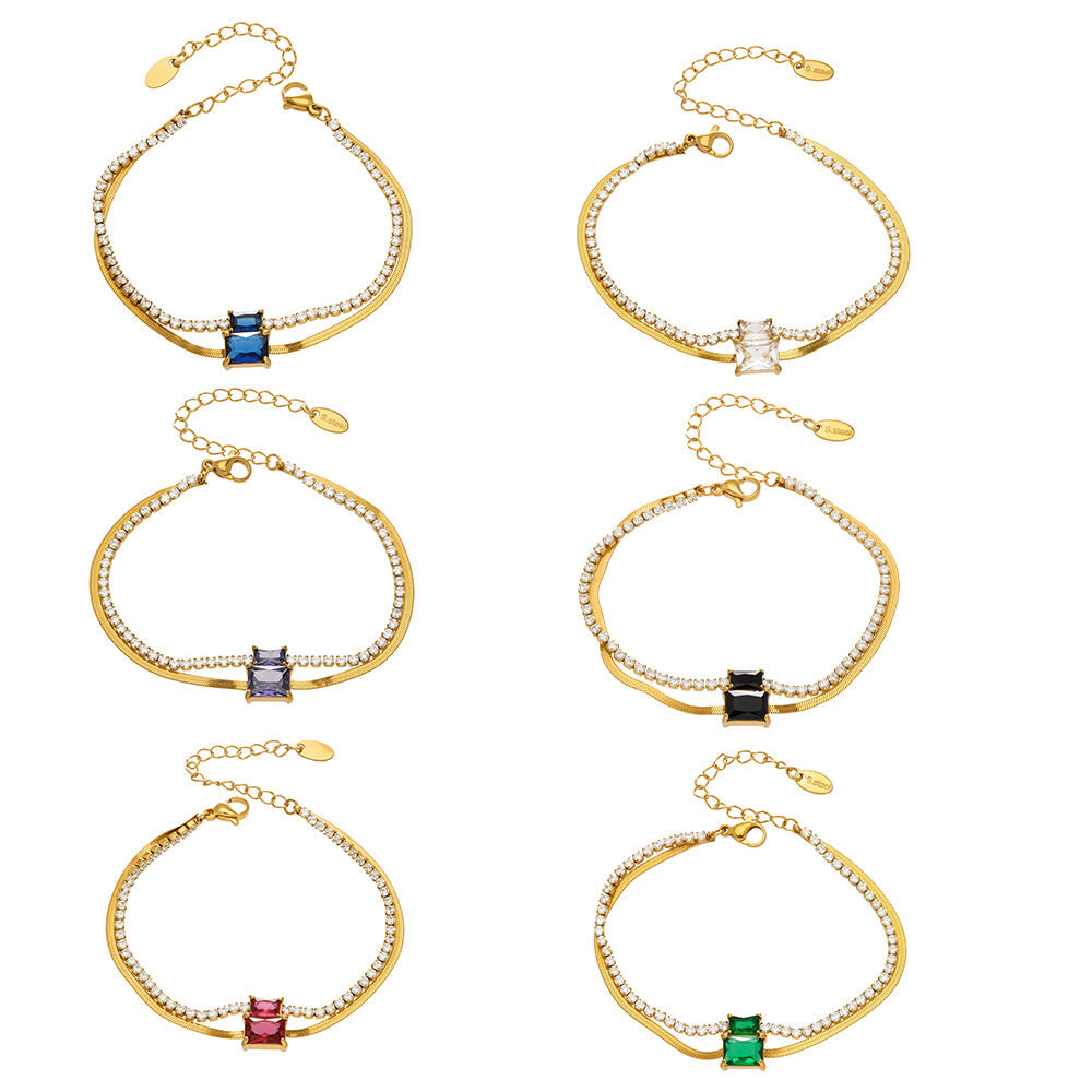 Elegantes rechteckiges Zirkon-Edelstahl-Armband mit doppelter Kette in Goldfarbe, wasserfest und anlaufgeschützt h5 Bild6