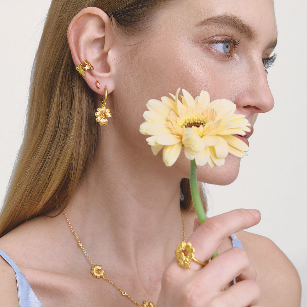 Chic Daisy Orange Zircon Stainless Steel Waterproof&Anti-tarnish Gold Color Women's Jewelry Sets 2