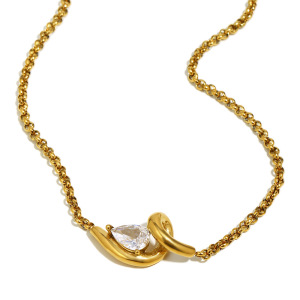 Simple Stainless Steel Waterproof Gold Color Zircon Pendant Necklace h5 Picture2