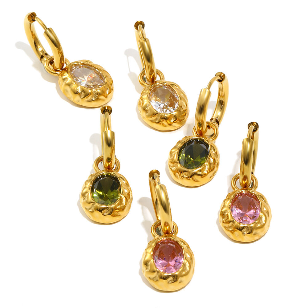 Texture Pattern Stainless Steel Waterproof Zircon Gold Color Drop Earrings Picture4