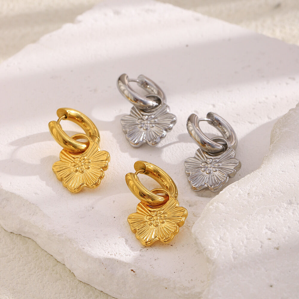 Flower Shape Stainless Steel Waterproof Gold Color Drop Earrings