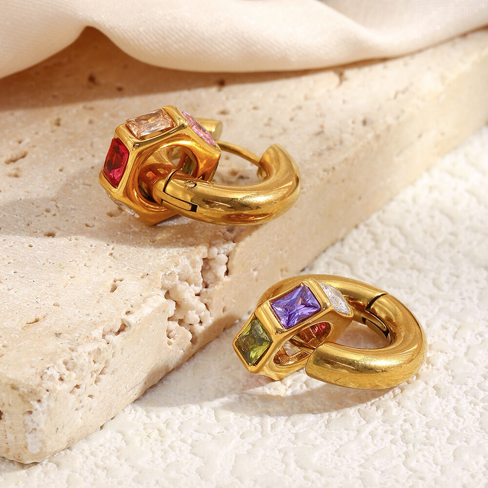 Waterproof Stainless Steel Gold Color  Colored Zircon Drop Earrings Picture3
