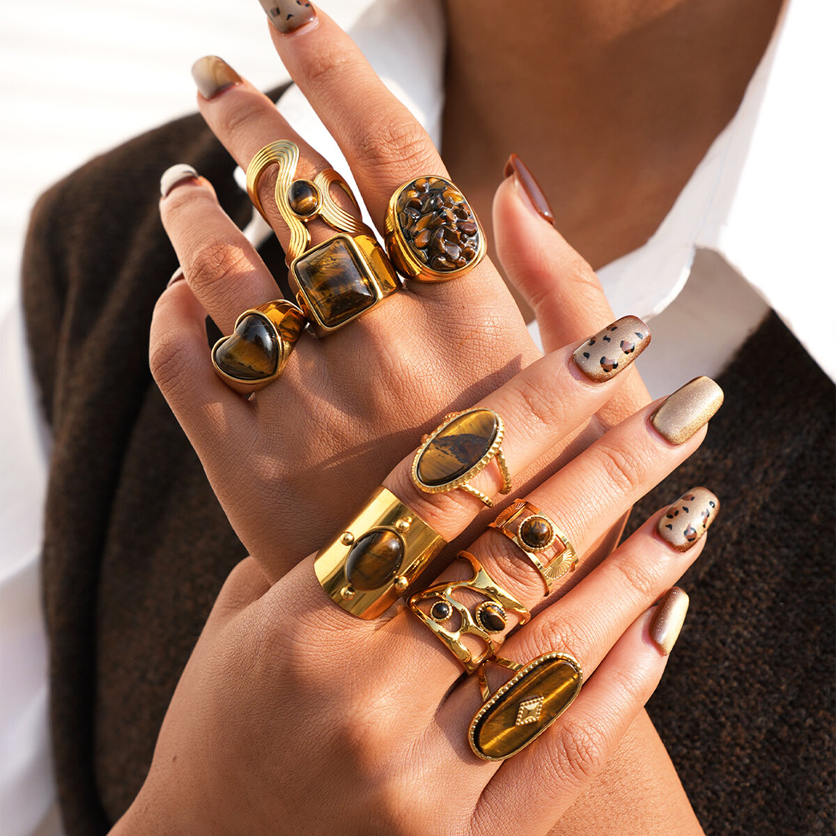 Daily Irregular Shape Stainless Steel Waterproof  Gold Color Women‘s Statement Rings