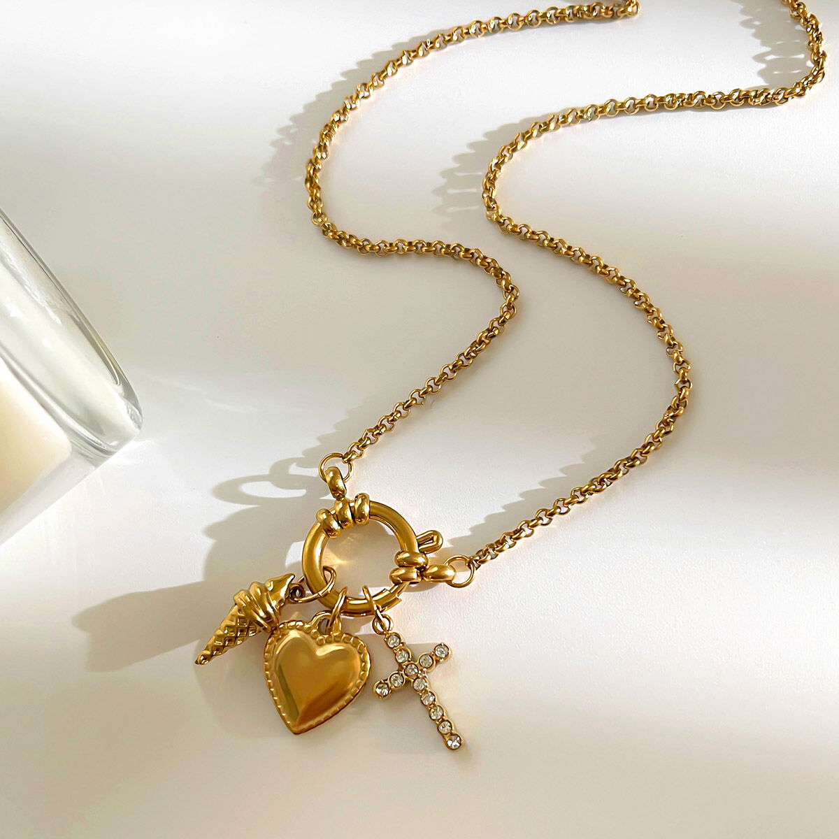 Stainless Steel Waterproof Gold Color Heart & Cross Pendant Necklace