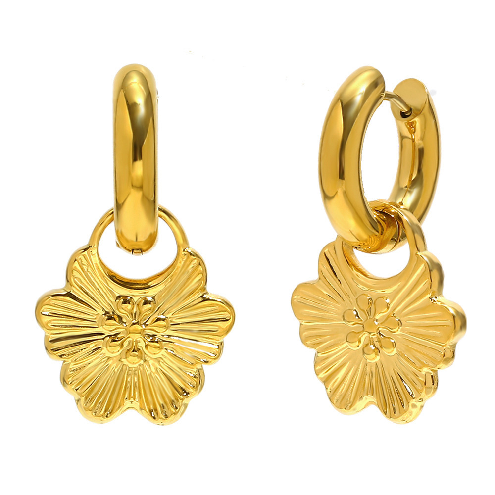 Flower Shape Stainless Steel Waterproof Gold Color Drop Earrings h5Picture2