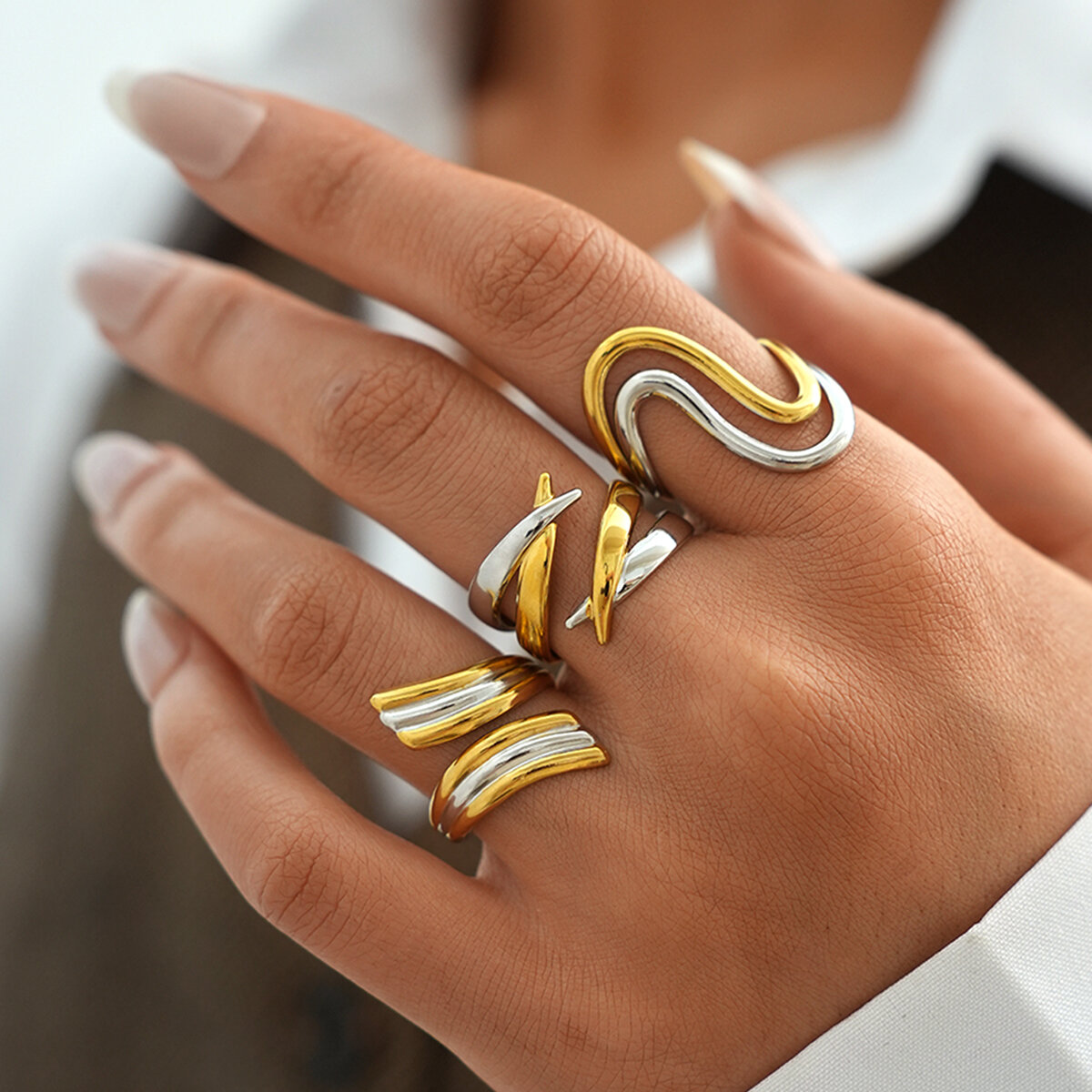 Simple Series Daily Irregular Shape Stripe Lines Stainless Steel Waterproof   Gold Color  Ring Picture2