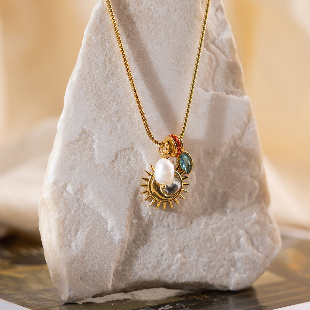 Ornate Sun Moon Stainless Steel Waterproof&Anti-tarnish Gold Color Zircon Pearl Women's Pendant Necklaces