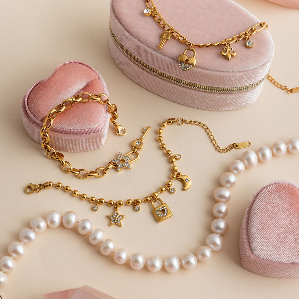 Braccialetti con ciondoli da donna in acciaio inossidabile color oro, impermeabili e anti-ossidazione, con chiave e lucchetto h5Immagine4