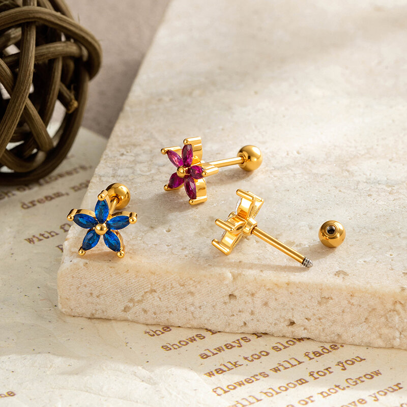 Boucles d'oreilles piercing femme en zircon couleur cuivre doré à motif floral scintillant h5 Image3
