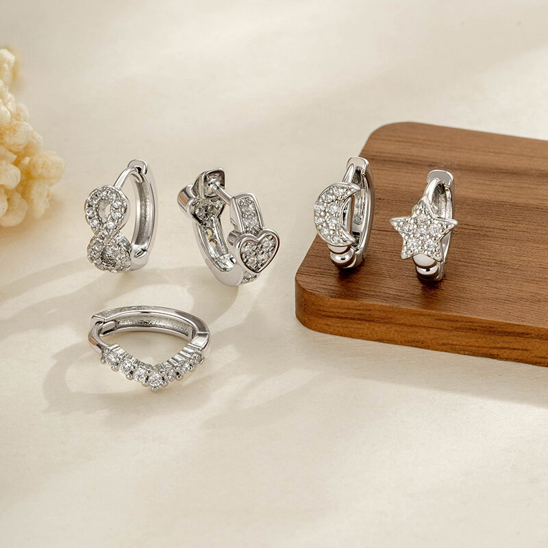 Simple Heart Star Moon Copper Gold Color Zircon Women's Hoop Earrings h5Picture3