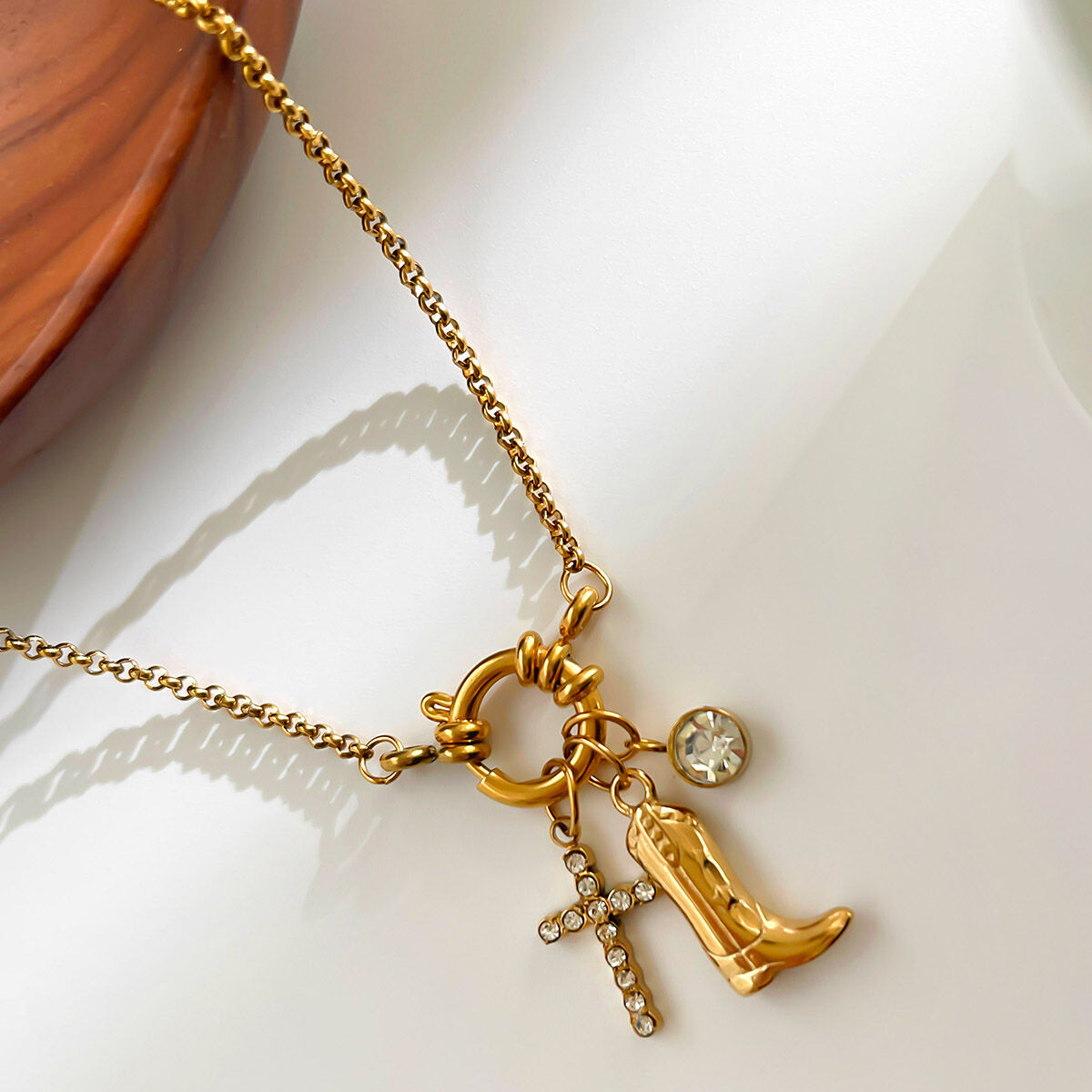 Cross Rhinestone Stainless Steel Waterproof Gold Color Pendant Necklace