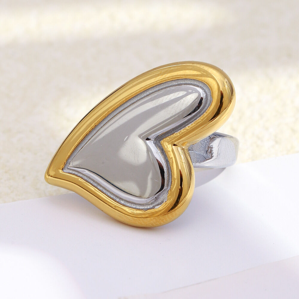 Heart Shape Gold And Silver Color Stainless Steel Waterproof Statement Ring