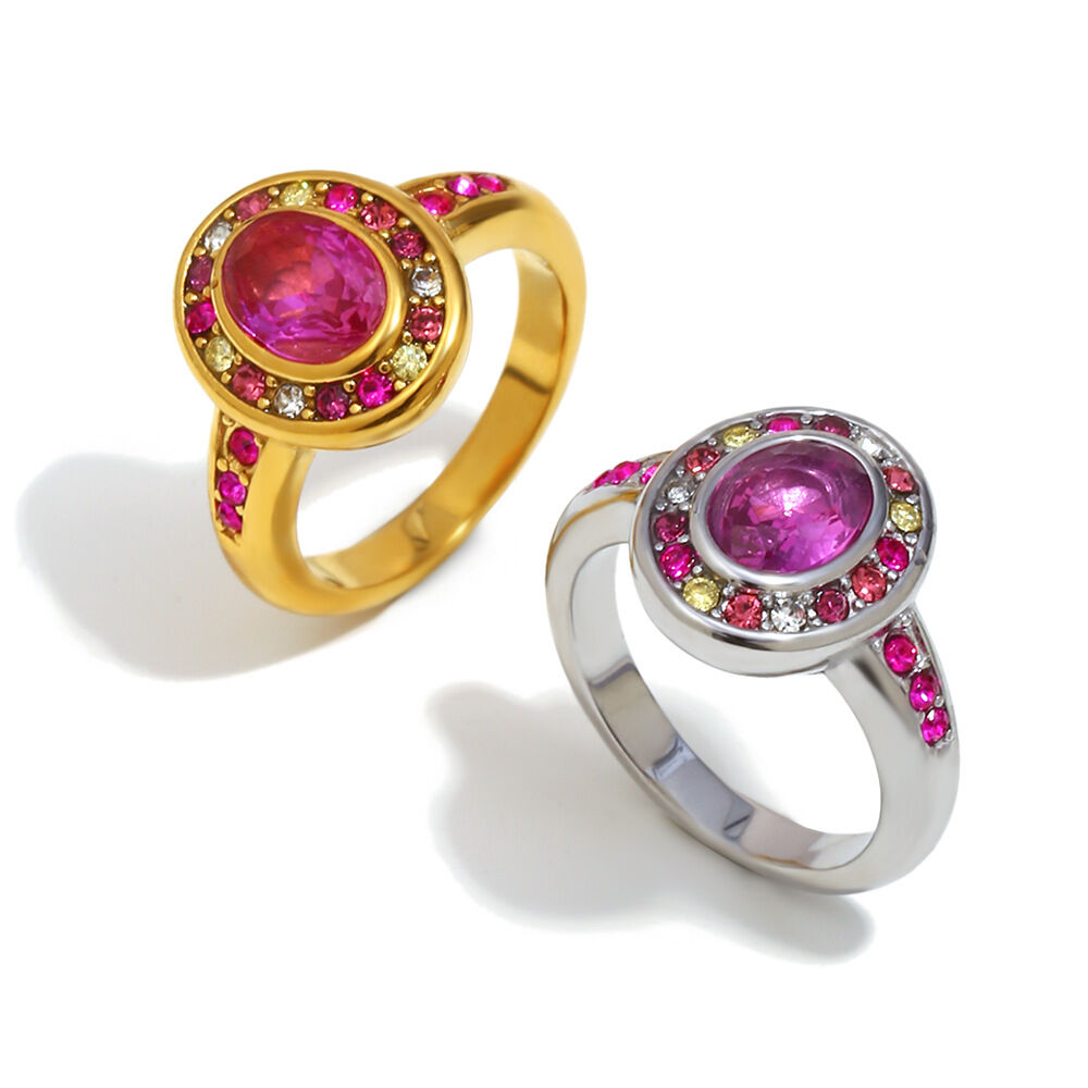 Retro Round Stainless Steel Waterproof Colored Zircon Ring Picture4