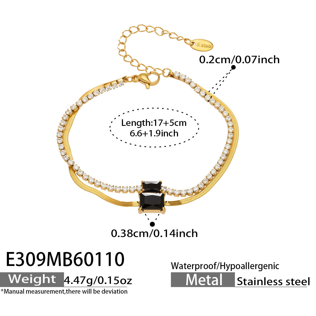 Elegantes rechteckiges Zirkon-Edelstahl-Armband mit doppelter Kette in Goldfarbe, wasserfest und anlaufgeschützt 