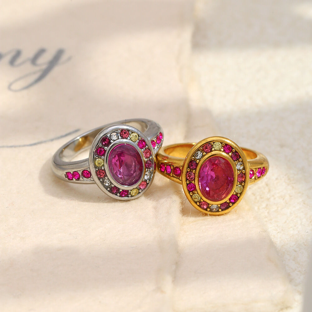 Anello retrò rotondo in acciaio inossidabile impermeabile con zirconi colorati
