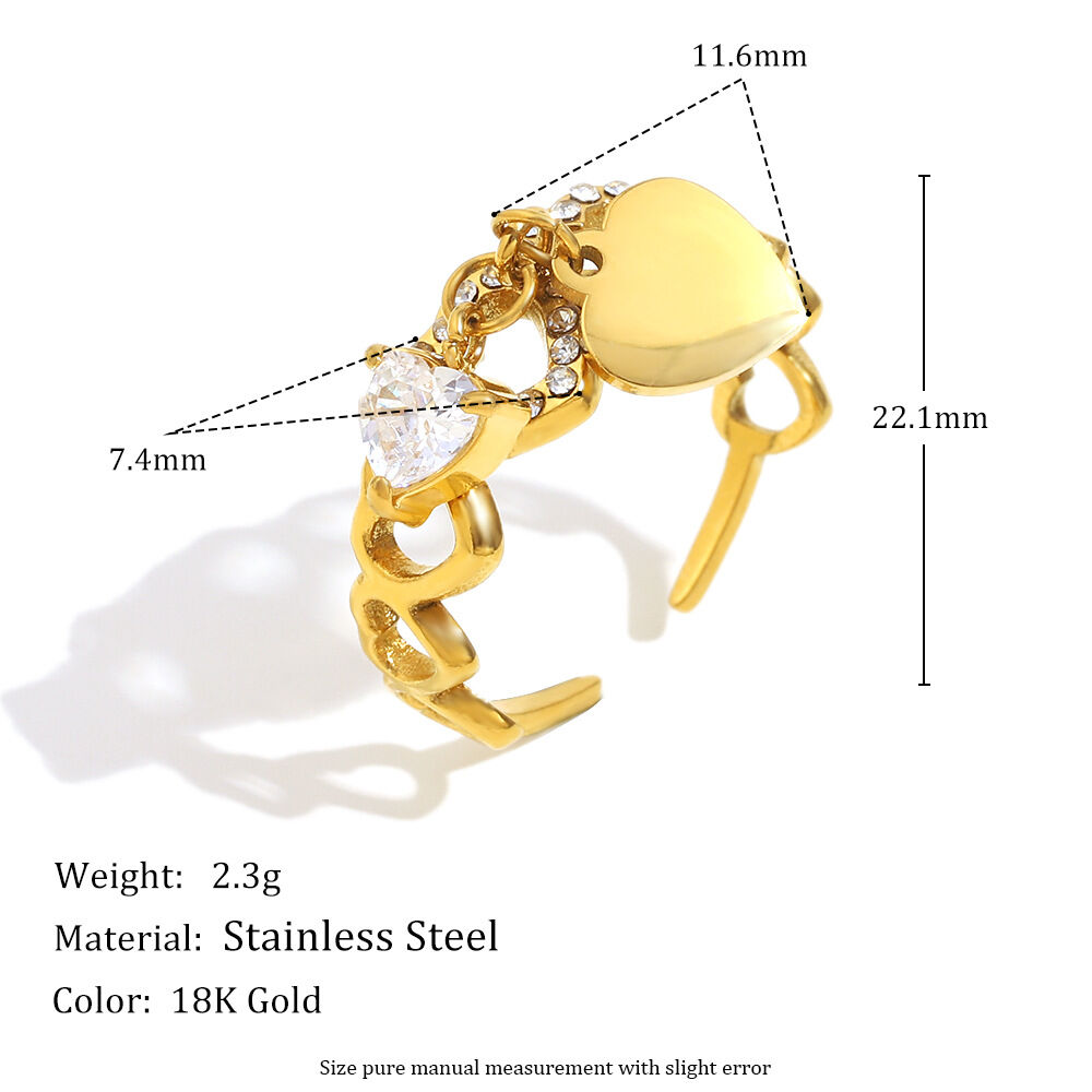 Heart Zircon Stainless Steel Waterproof Gold Color Statement Ring Picture2