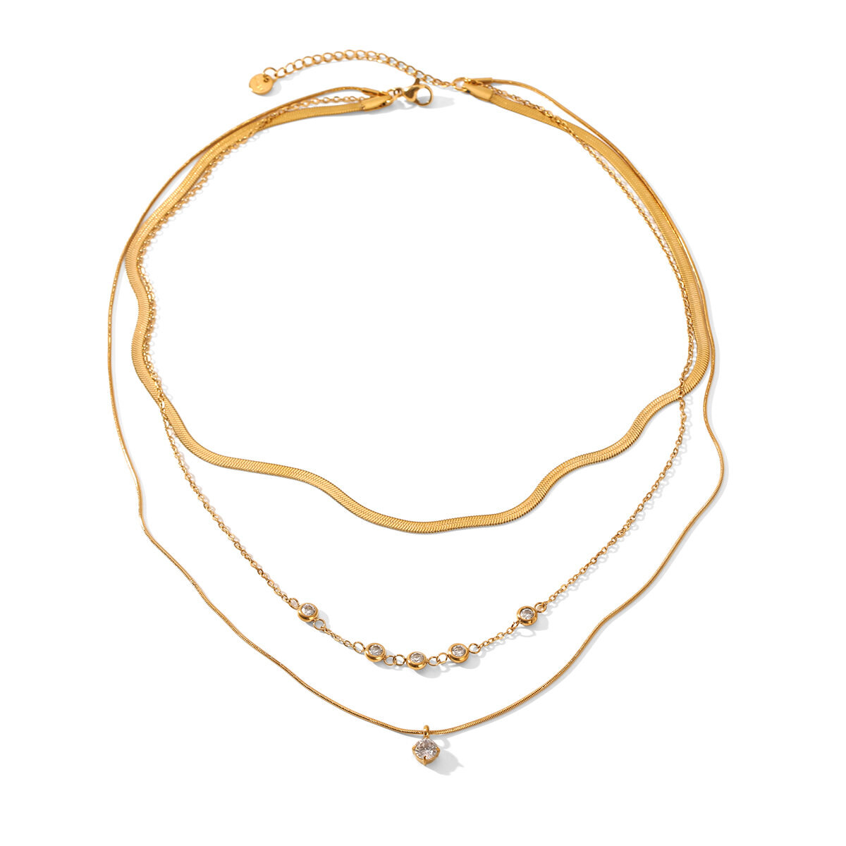 Stainless Steel Waterproof Gold Color Zircon Layered Necklace 