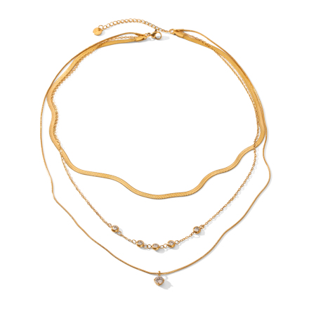 Collana a strati in acciaio inossidabile impermeabile color oro con zirconi