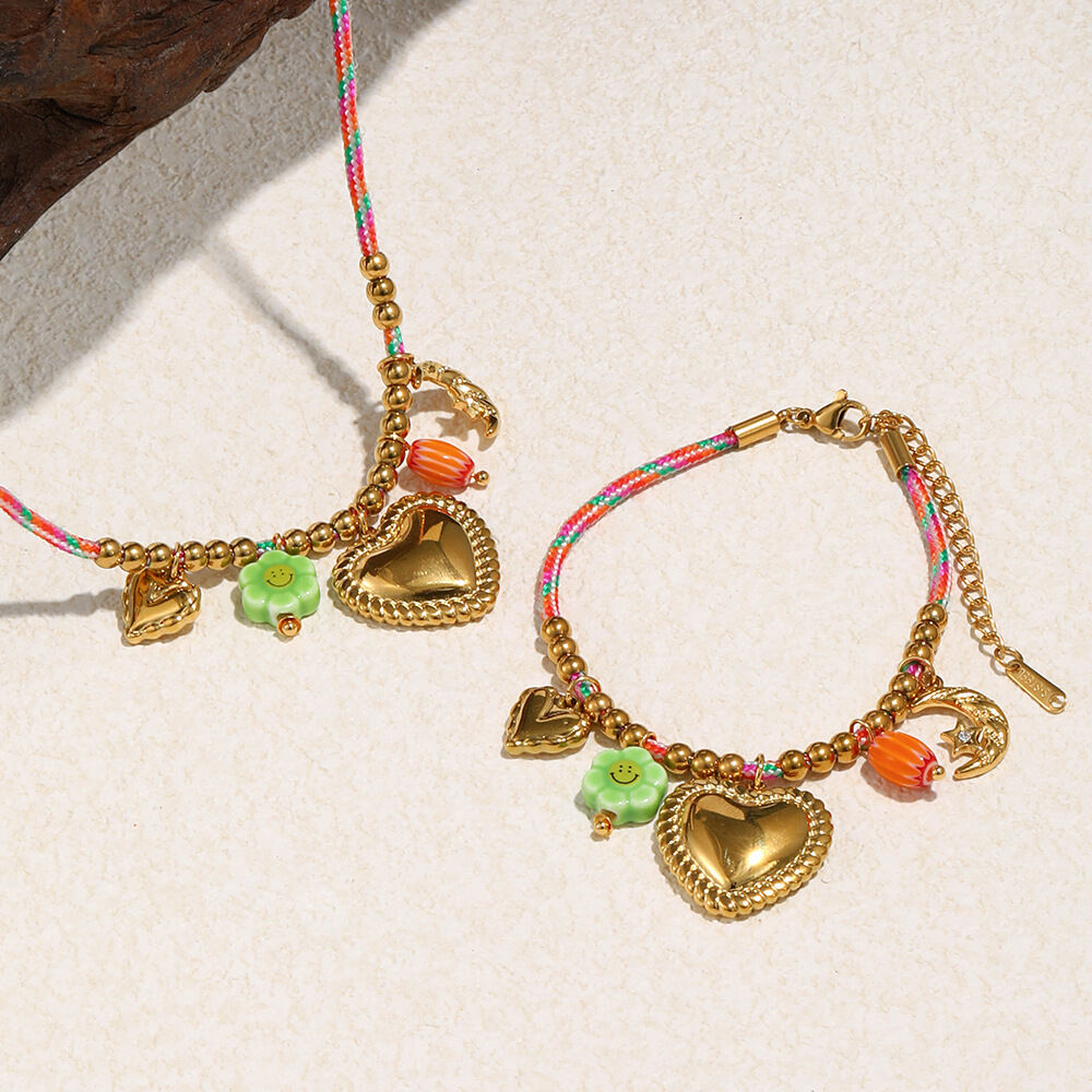 Heart Charm Stainless Steel Waterproof Colorful Cotton Rope Necklace Picture4