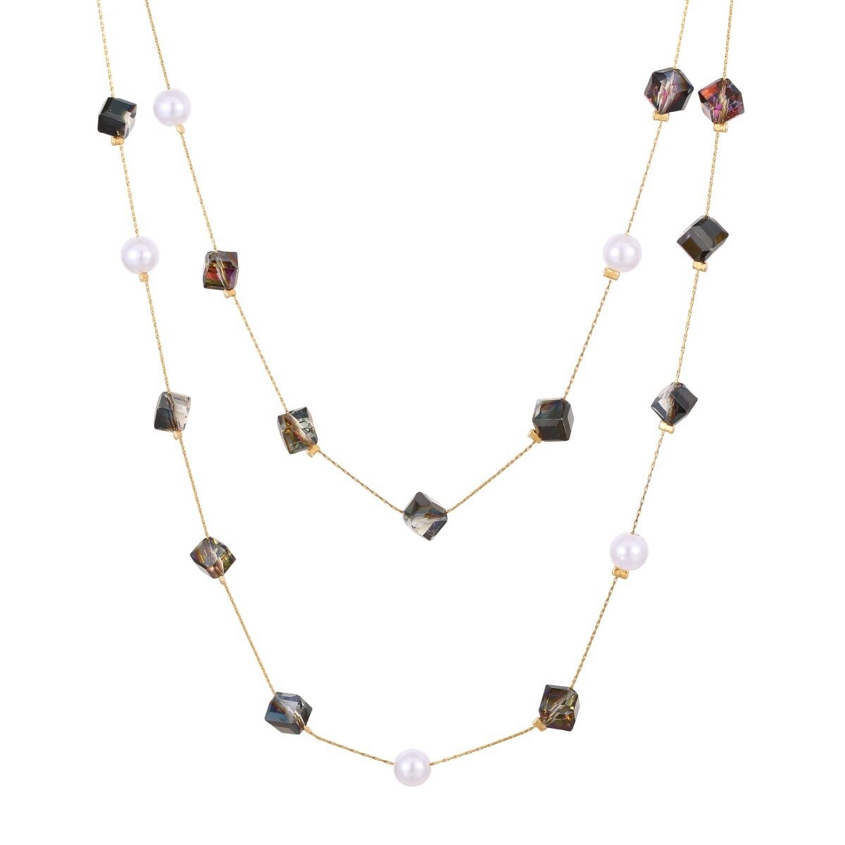 Lange Halskette für Damen mit schlichten, unregelmäßig geformten Perlen aus Kunstharz in Goldfarbe (Kreis, Rechteck). h5 Bild5