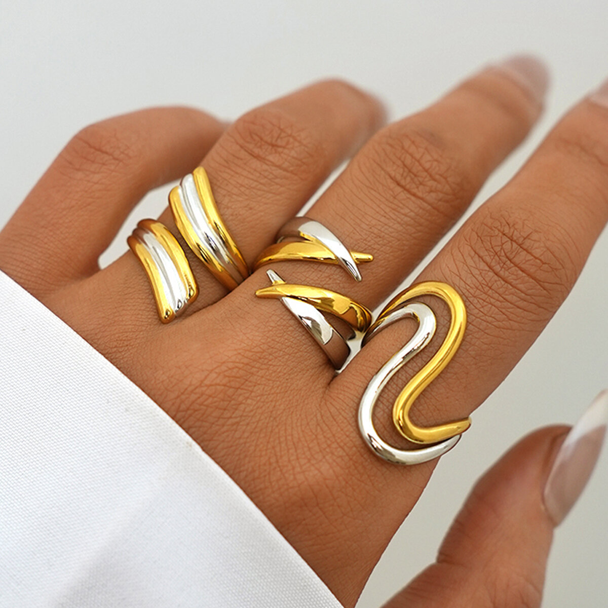 Simple Series Daily Irregular Shape Stripe Lines Stainless Steel Waterproof   Gold Color  Ring h5 Picture3