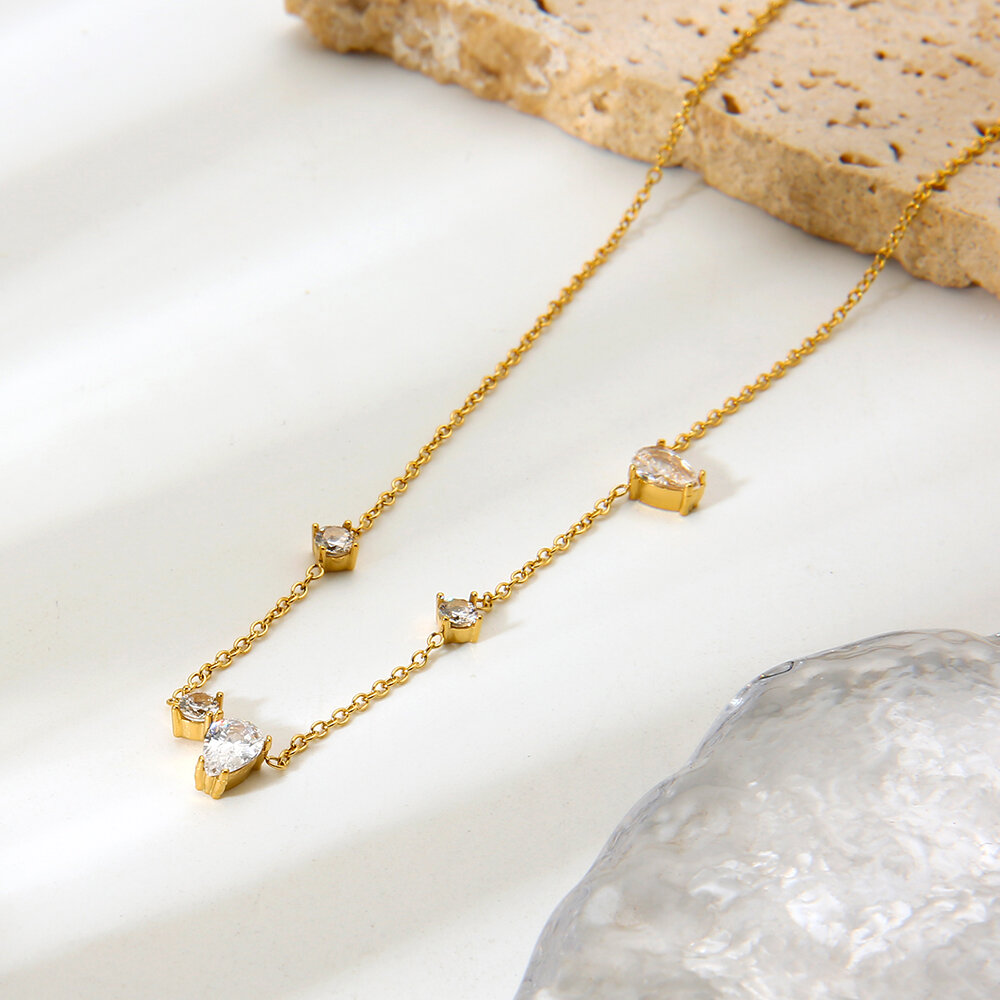 Romantic Series Elegant Droplet Stainless Steel Waterproof Gold Color Zircon Women's Jewelry Sets h5Picture5