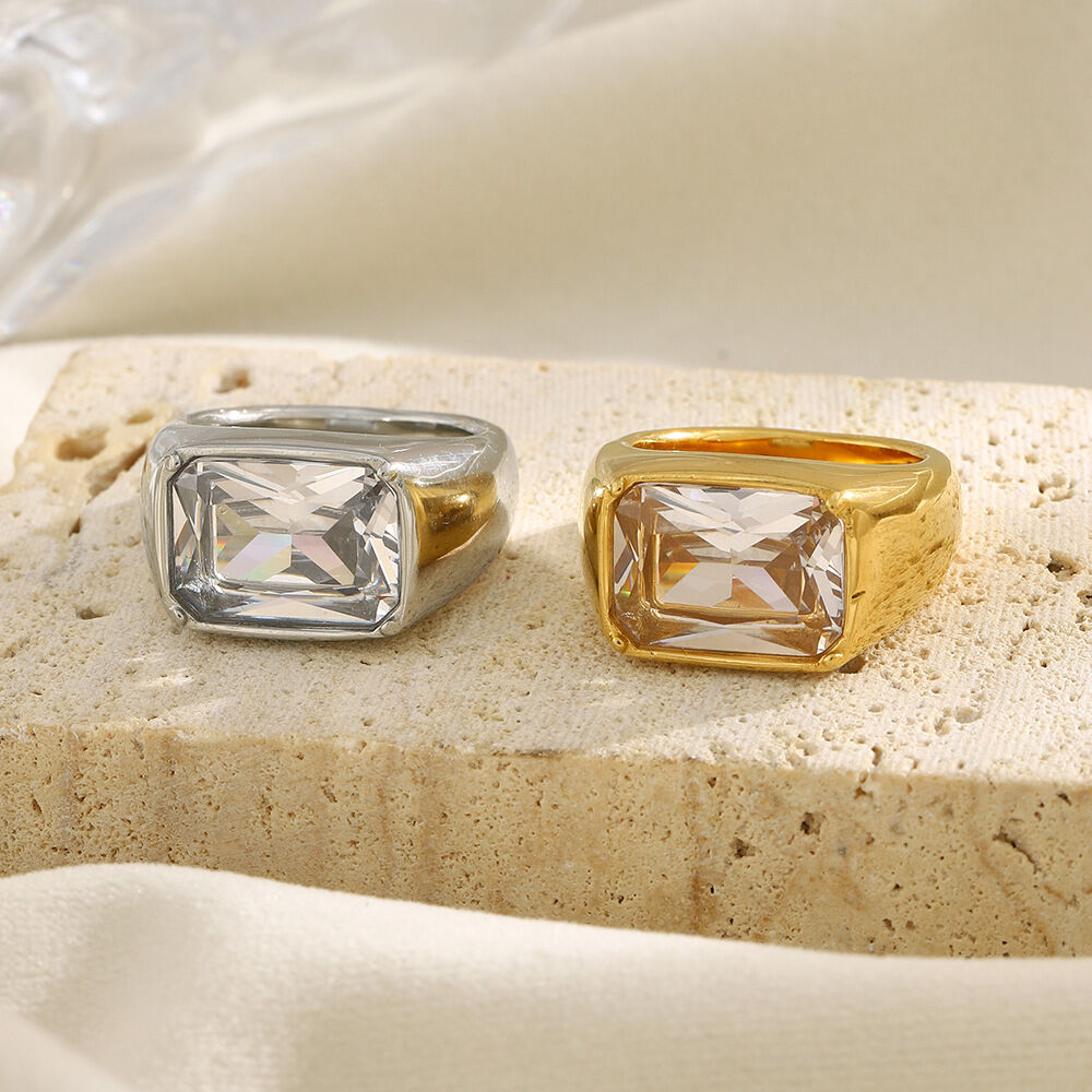 Anello impermeabile in acciaio inossidabile con zircone di forma quadrata classica 2