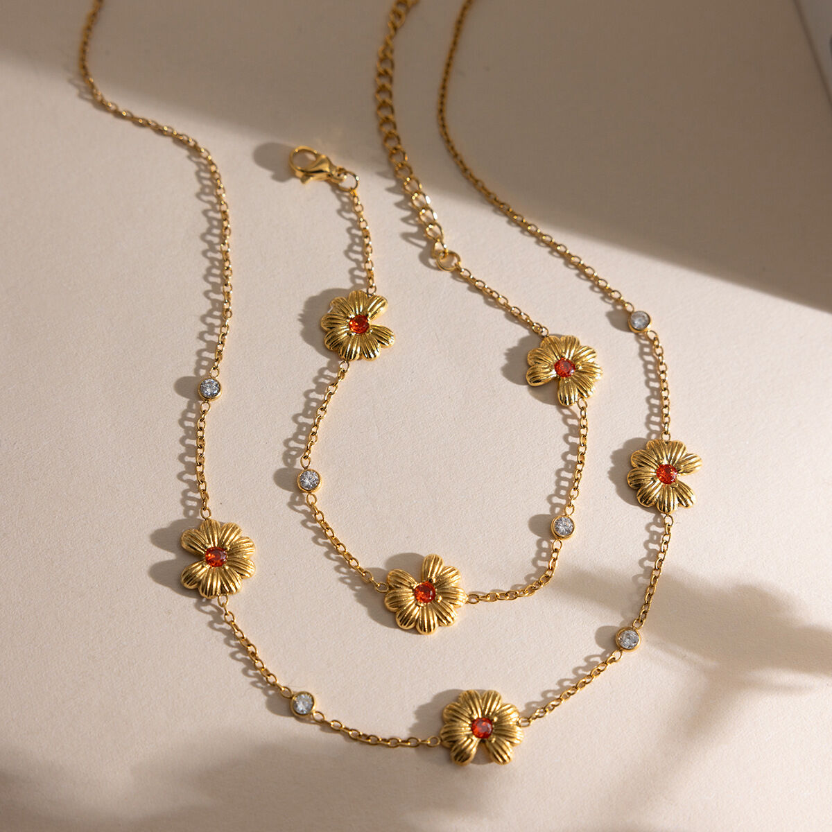 Chic Daisy Orange Zircon Stainless Steel Waterproof&Anti-tarnish Gold Color Women's Jewelry Sets h5 Picture7
