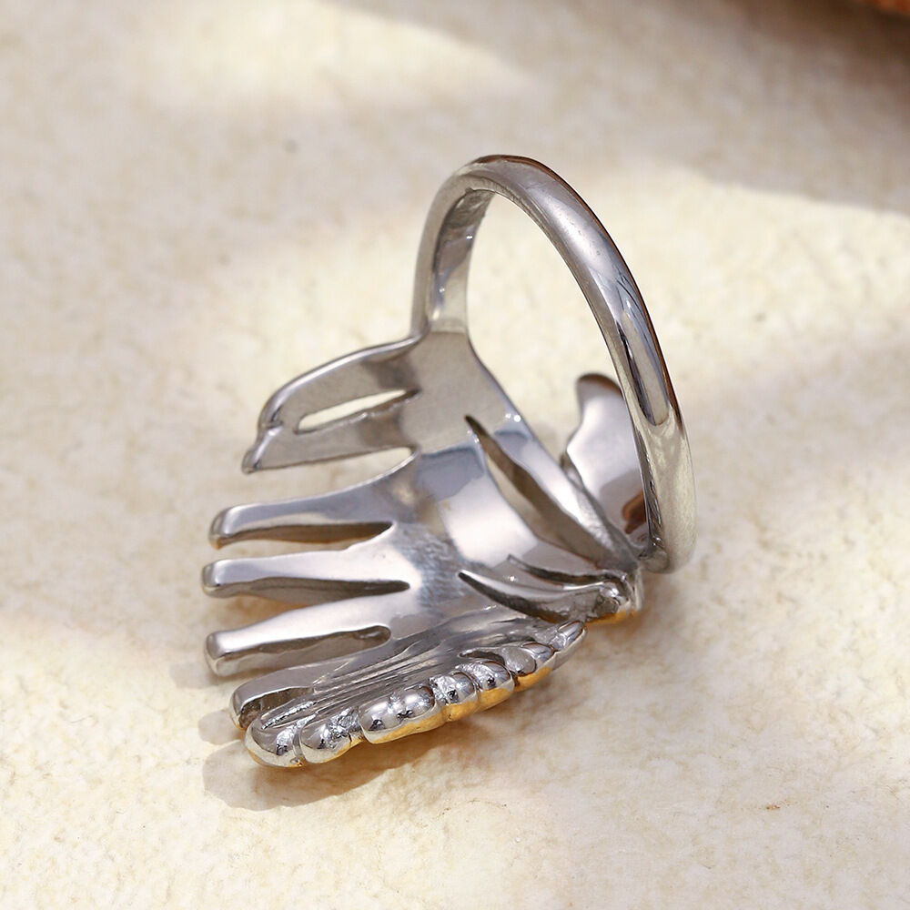 Opvallende statement ring in bladvorm, goud- en zilverkleurig roestvrij staal, waterdicht. 2