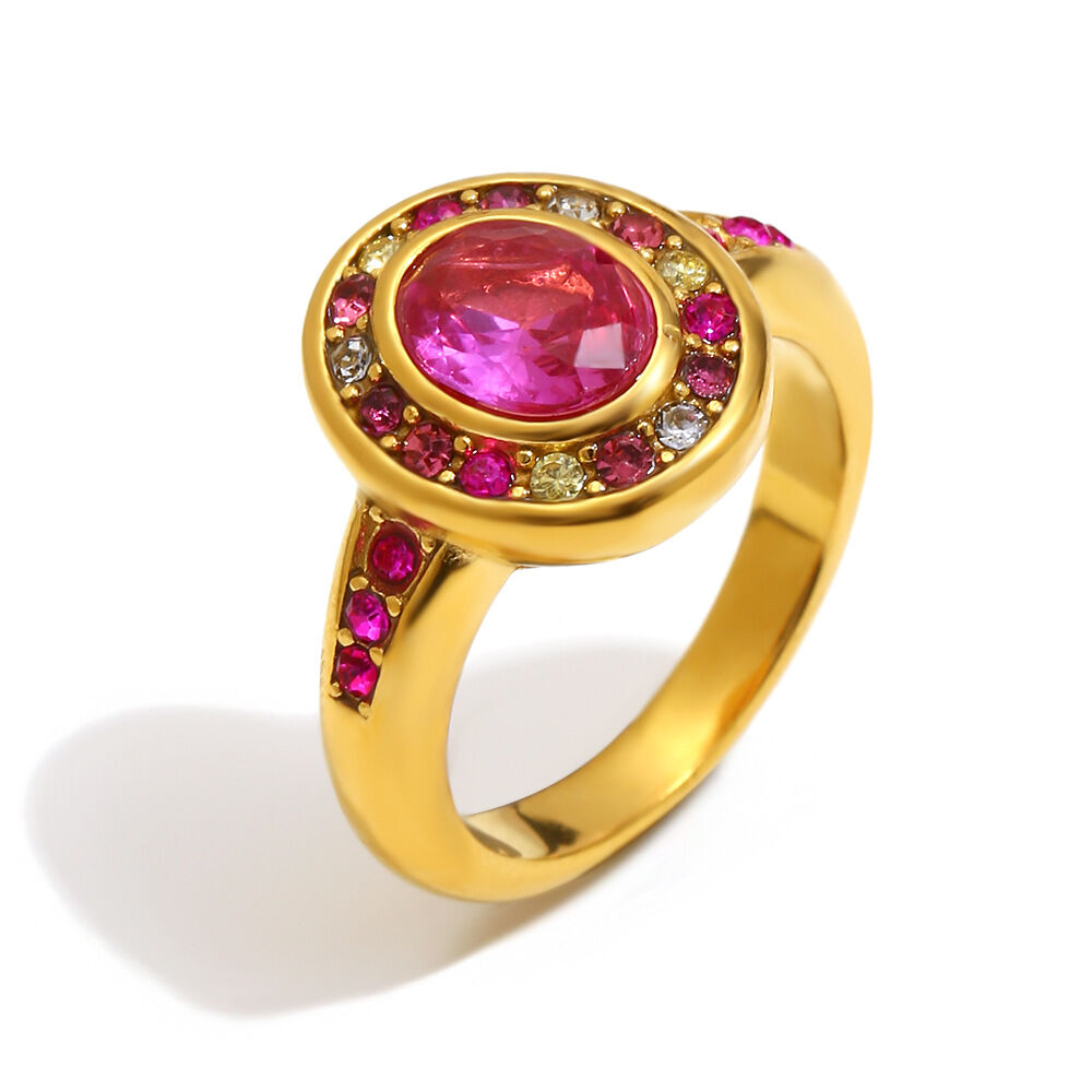 Retro Round Stainless Steel Waterproof Colored Zircon Ring 