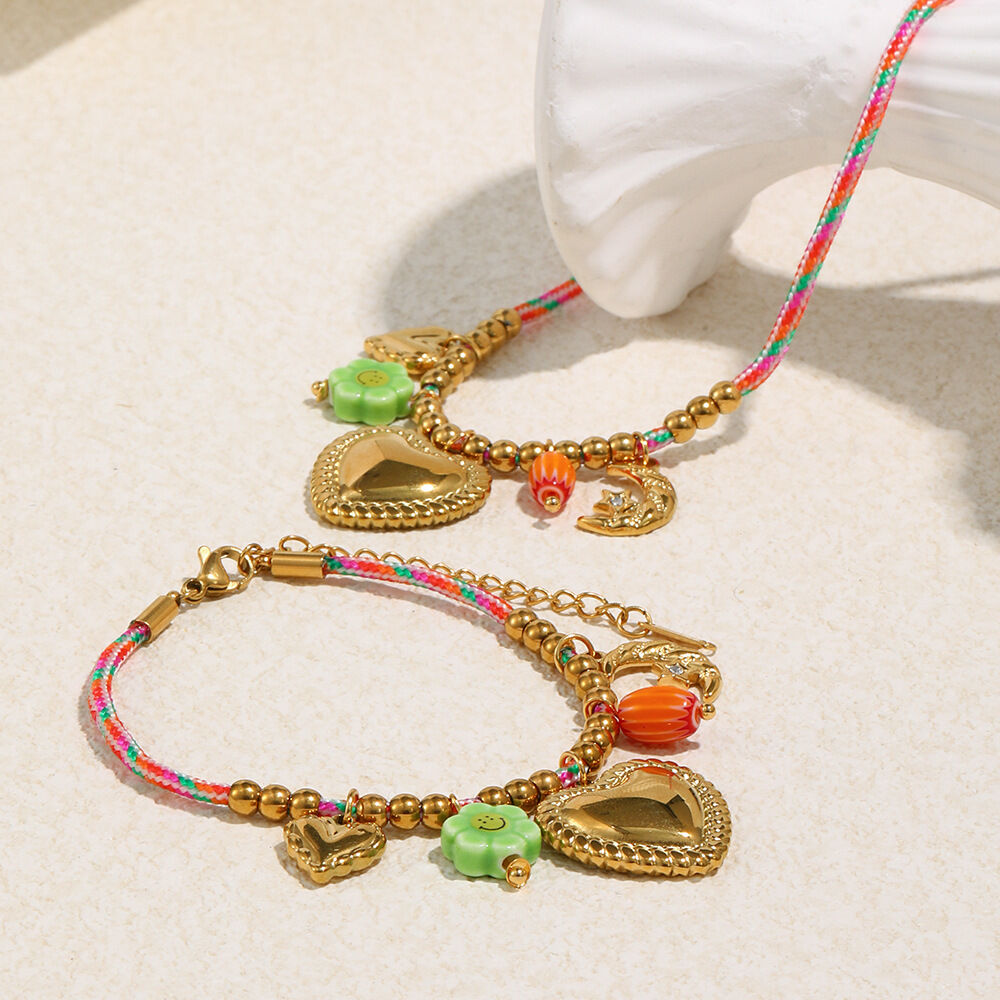 Heart Charm Stainless Steel Waterproof Colorful Cotton Rope Necklace h5 Picture2